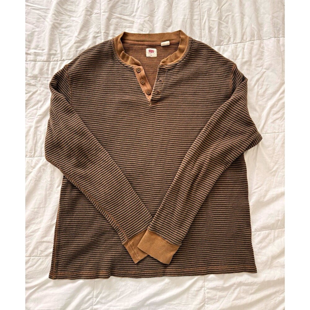 Levi's Men’s Brown Striped Waffle Knit Cotton Long Sleeve Henley, XL